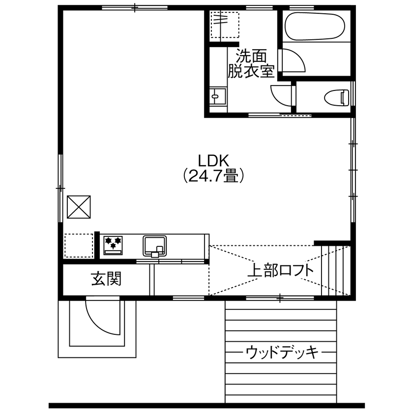 LIMINI 【平屋/ロフト/16坪/間取り図有】シンプルライフ×コンパクトを極めた「ゼロLDK」の平屋の間取り図（LDK＋ロフト）1階