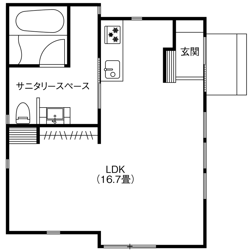 LIMINI 【愛知県/平屋/12坪/狭小地/間取り図有】シニア世代も快適に暮らせる、バリアフリー設計の小さな平屋の間取り図（LDK）1階