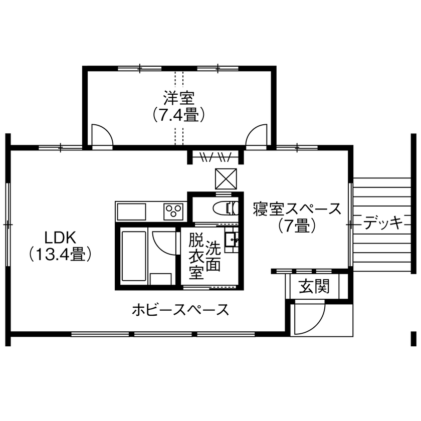 LIMINI 【三重県/平屋/19坪/間取り図有】ライフスタイルの変化に柔軟に対応できる、自由度の高い1LDKの平屋の間取り図（1LDK＋寝室スペース）1階