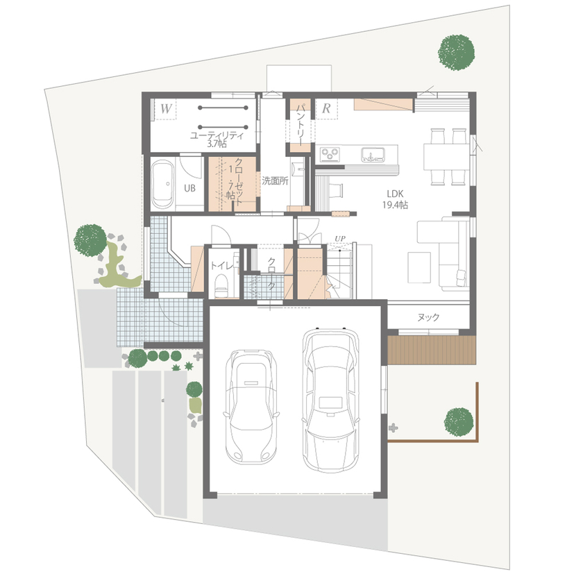 オスカーホーム 付かず離れず、家族の距離感がちょうどいいリビング。陽だまりのヌックも寛ぎの空間。インナーガレージ付の間取り図（3LDK）1階