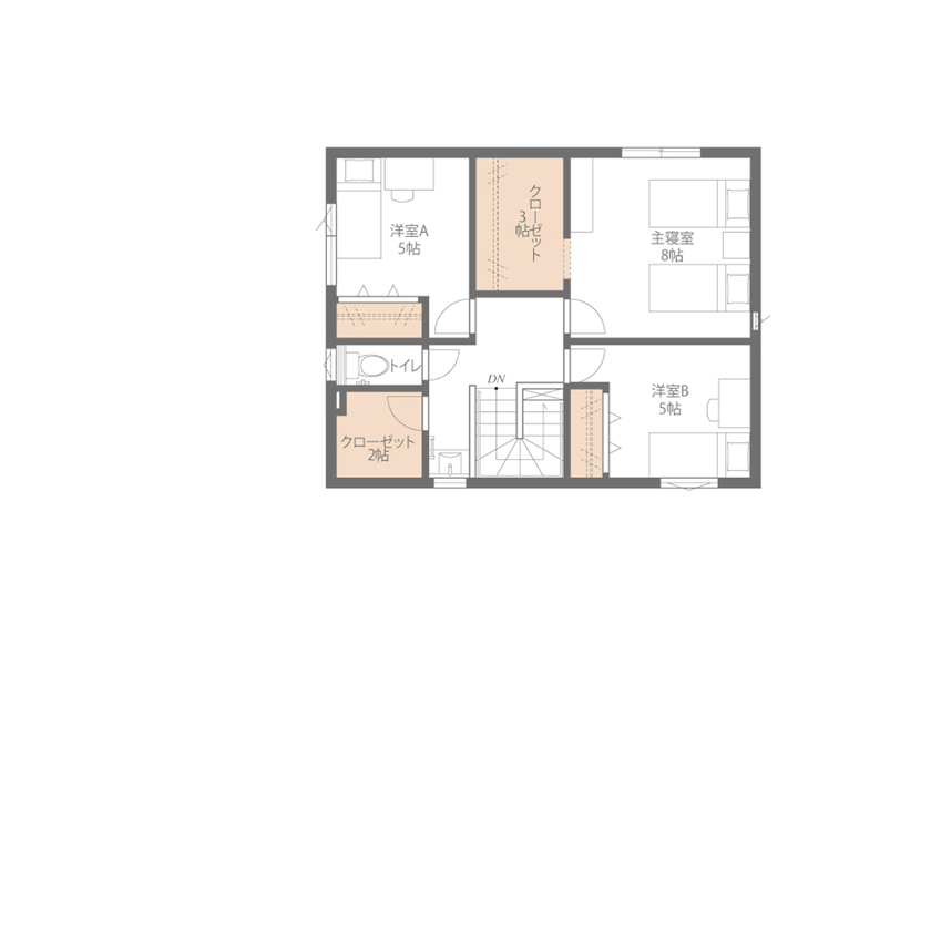 オスカーホーム 付かず離れず、家族の距離感がちょうどいいリビング。陽だまりのヌックも寛ぎの空間。インナーガレージ付の間取り図（3LDK）2階