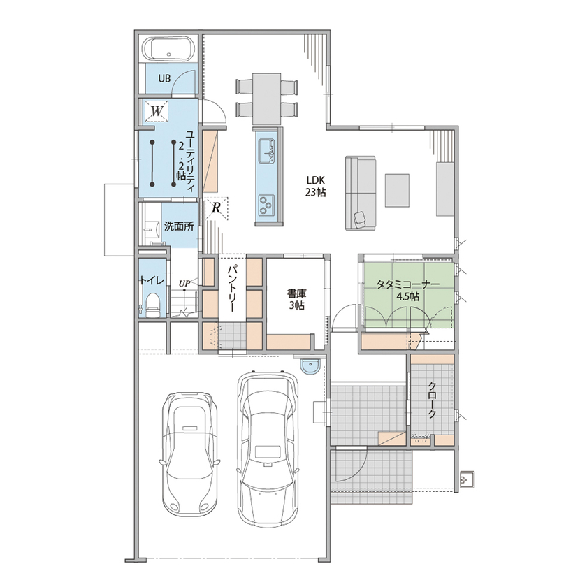 オスカーホーム 2000万円台｜外を通らずに室内へスムーズ！インナーガレージ付。LDKと畳コーナーで家族団欒もゆったりの間取り図（4LDK）1階