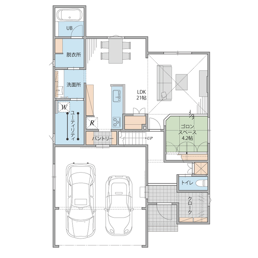 オスカーホーム 2000万円台｜ナチュラル雑貨の似合う可愛いお家。LDK隣には小上がりのゴロンスペース。インナーガレージ付の間取り図（3LDK）1階