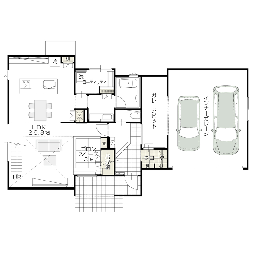 オスカーホーム 開放感あふれる吹き抜けリビング＆インナーガレージを中心に描く多彩なライフシーンの間取り図（2LDK）1階