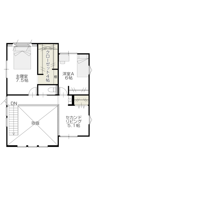 オスカーホーム 開放感あふれる吹き抜けリビング＆インナーガレージを中心に描く多彩なライフシーンの間取り図（2LDK）2階