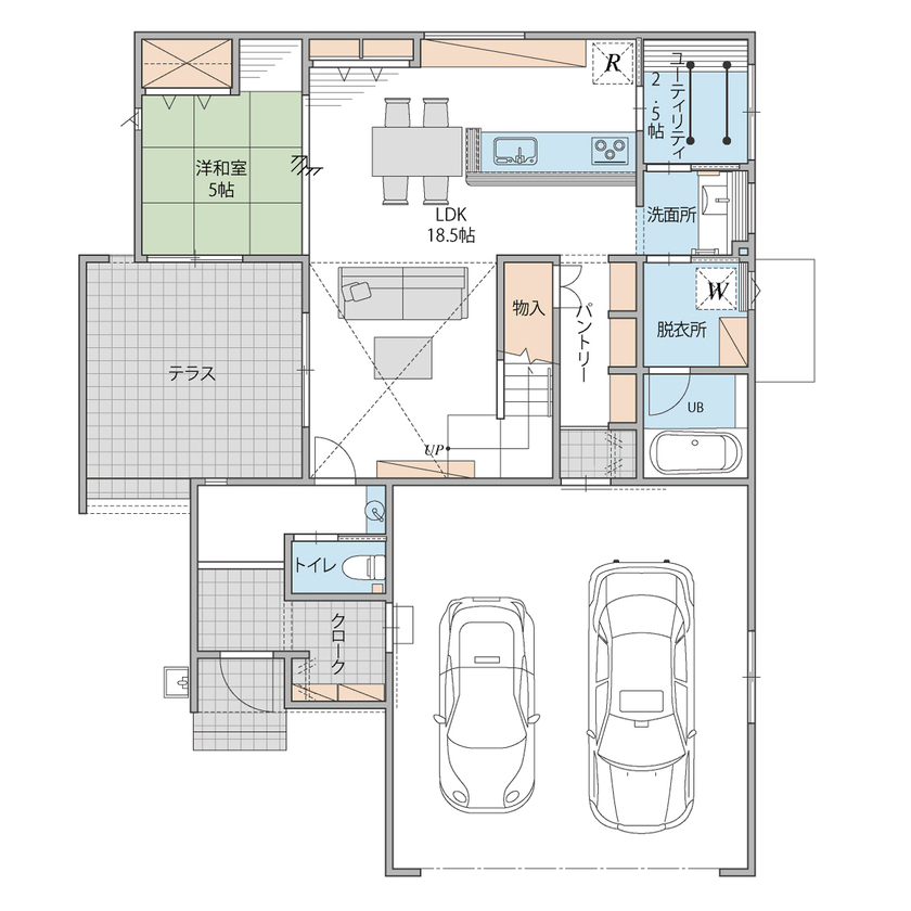 オスカーホーム インナーガレージの利便性、吹き抜けとテラスが描くのびやかな暮らしの間取り図（4LDK）1階