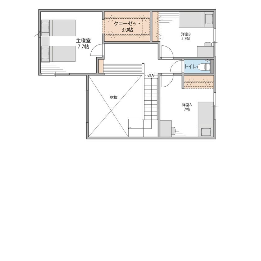 オスカーホーム インナーガレージの利便性、吹き抜けとテラスが描くのびやかな暮らしの間取り図（4LDK）2階
