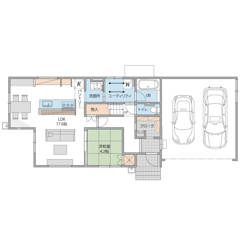 オスカーホーム 回遊動線とインナーガレージで快適な暮らし。アール壁を施したナチュラル＆北欧風の住まいの間取り図（4LDK）1階