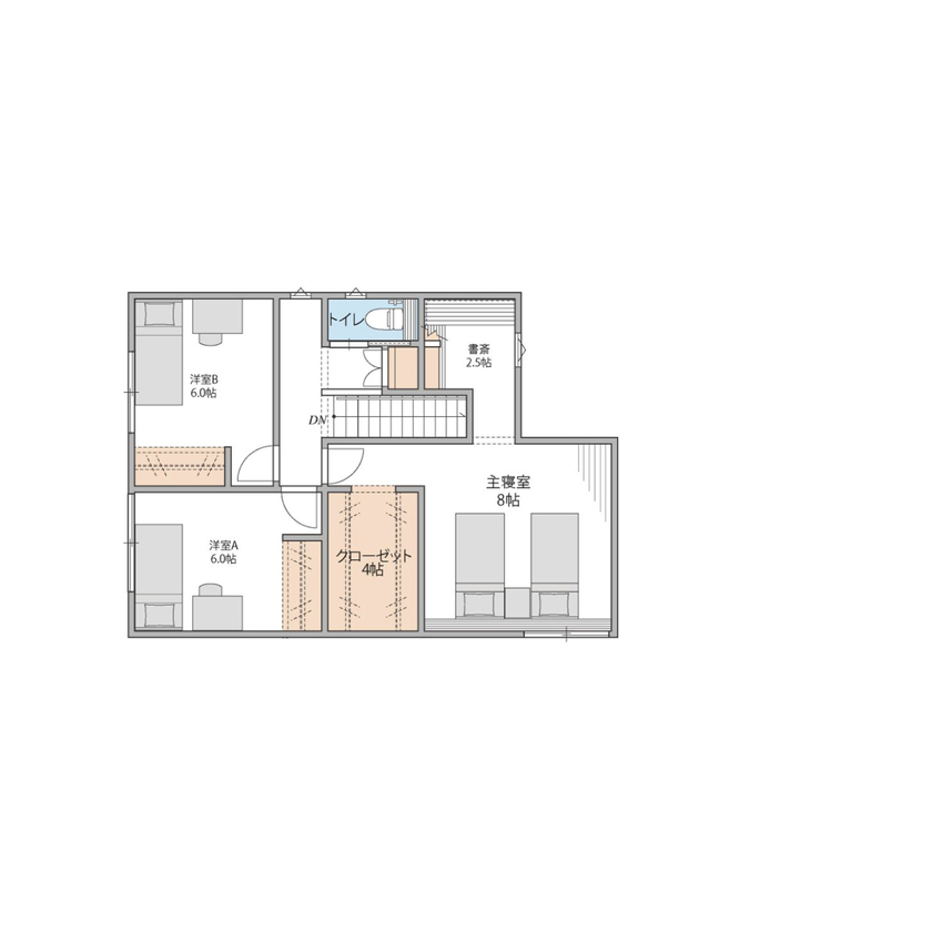 オスカーホーム 回遊動線とインナーガレージで快適な暮らし。アール壁を施したナチュラル＆北欧風の住まいの間取り図（4LDK）2階