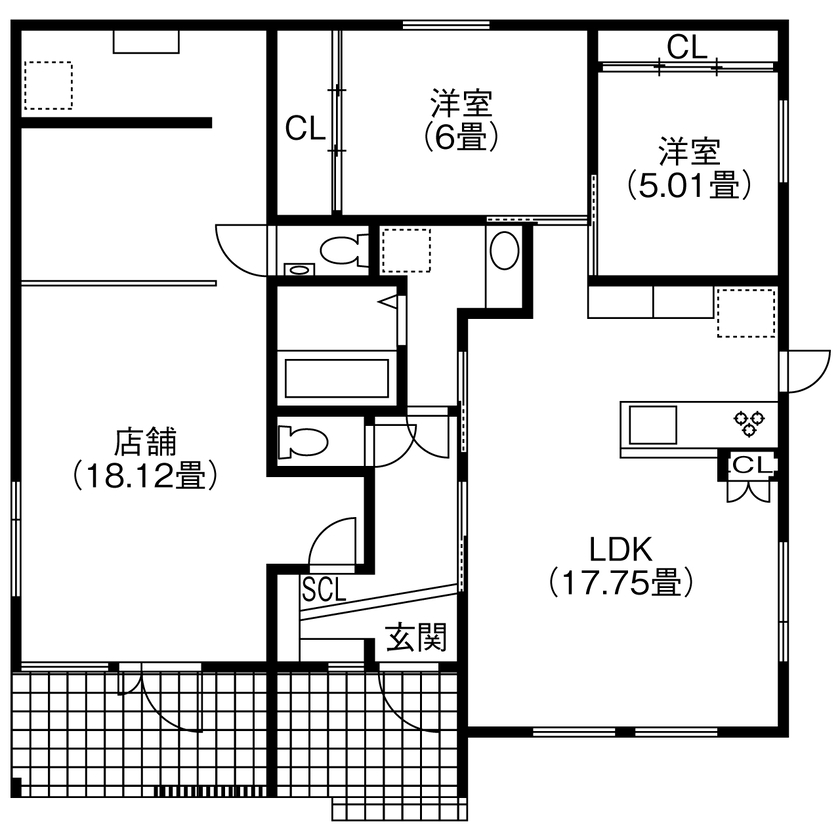 生杉建設 【千歳市｜30坪台｜平屋｜間取り図有】バリアフリーも意識！機能美と空間美を叶えた店舗兼用住宅の間取り図（3LDK）1階