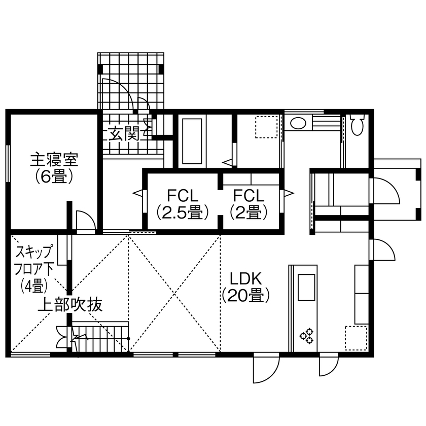 生杉建設 【千歳市｜30坪台｜2階建て｜間取り図有】スキップフロア×ダウンフロアで立体感のある家の間取り図（4LDK）1階