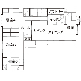 愛和 【愛知/平屋/Ｌ字型/床暖房】和の風情を味わう軒の深い平屋。高窓から光と風を取り込み心地よい空間にの間取り図（4LDK）1階