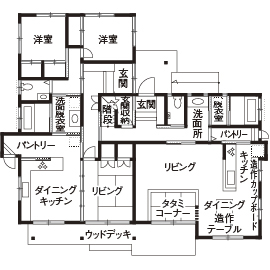 愛和 【古民家風/カフェ風/間取り図有】大屋根の外観が印象的な自然素材の造作やパントリーが嬉しい二世帯住宅の間取り図（5K以上）1階