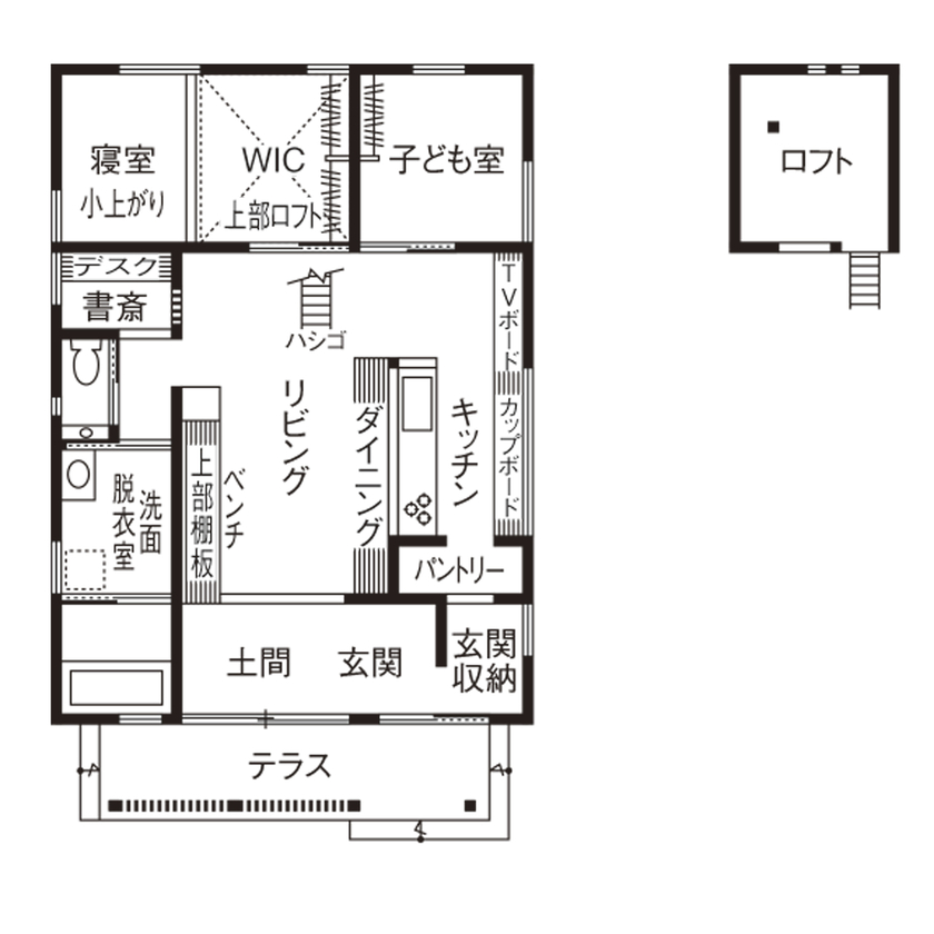 愛和 【2000万円台×22坪×平屋×間取図】古民家喫茶の空気をまとうLDK。木の温もりと珈琲の香りに包まれる平屋の間取り図（2LDK＋ロフト）1階