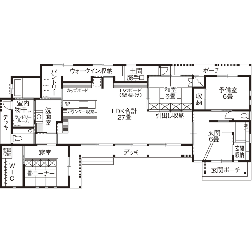 愛和 【平屋×古民家調×間取図】心やすらぐ古民家調の平屋。杉の丸太梁と格子のガラリ戸のある27畳LDKの間取り図（3LDK）1階