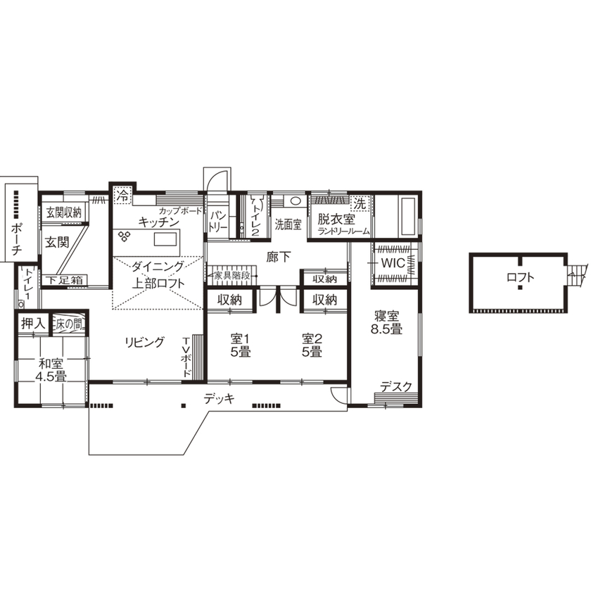 愛和 【2000万円台×平屋×ロフト】若い世代が暮らす和モダン平屋「みんなに褒められる家です！」の間取り図（3LDK＋ロフト）1階