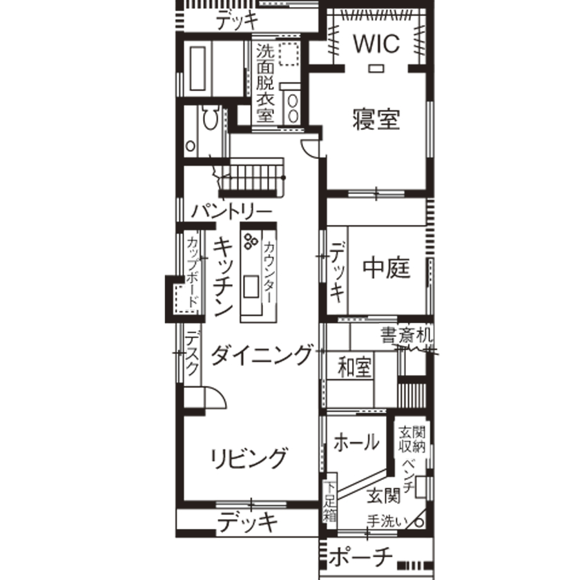 愛和 【平屋風×中庭×間取図】門構え、中庭、丸窓。伝統的な和の意匠が息づく無垢の家の間取り図（4LDK）1階