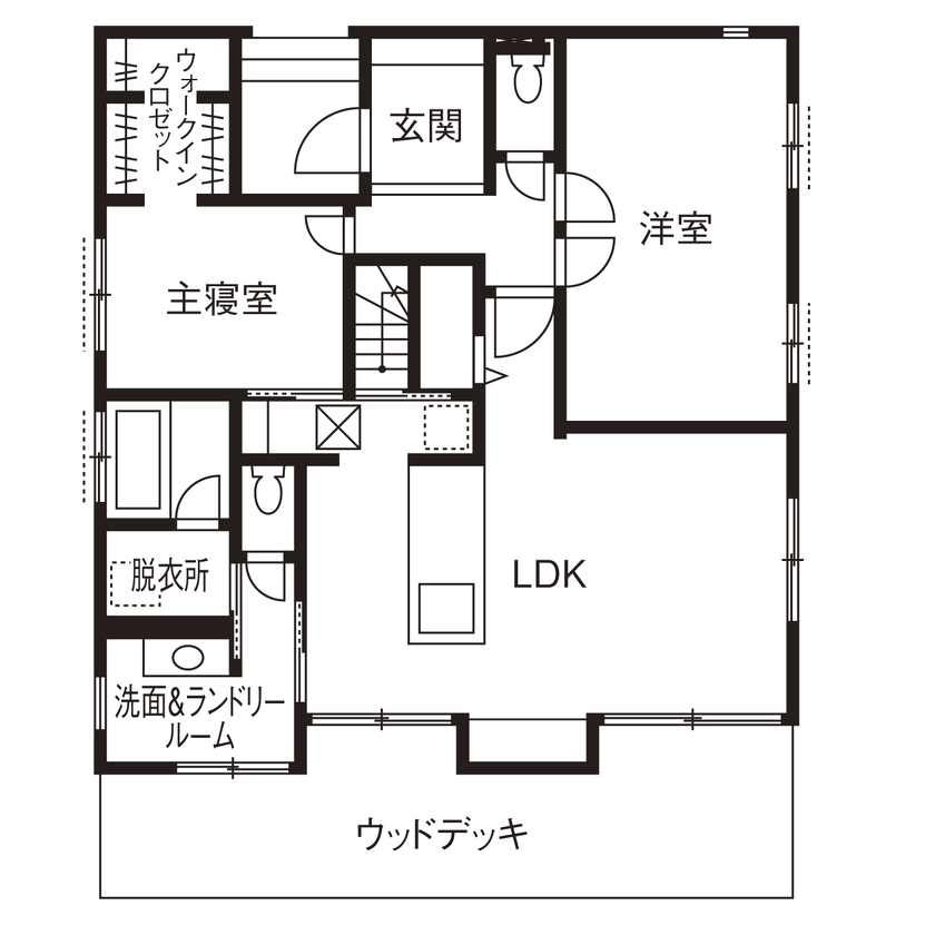愛和住宅／クレバリーホーム 【安城市｜2000万円台｜コンパクトな平屋｜間取り有】面積を抑えてコストダウン。ウッドデッキは約30帖！の間取り図（2LDK）１階