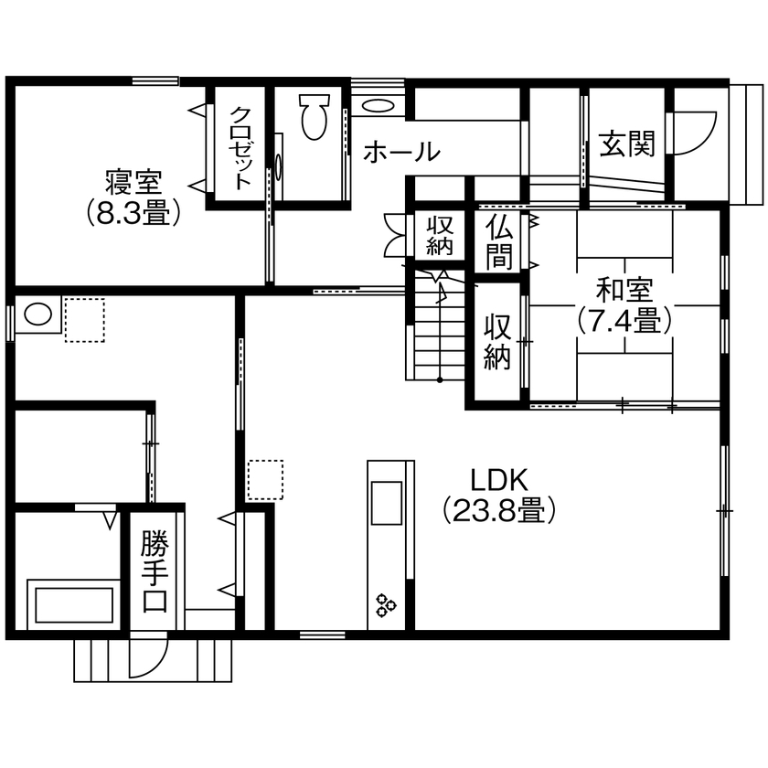 翼住宅（つばさハウジング） 【4300万円】ダイナミックな吹き抜けでつながる二世帯のリビング。2×6工法で、年間を通して家中が快適の間取り図（5LLDK）1階