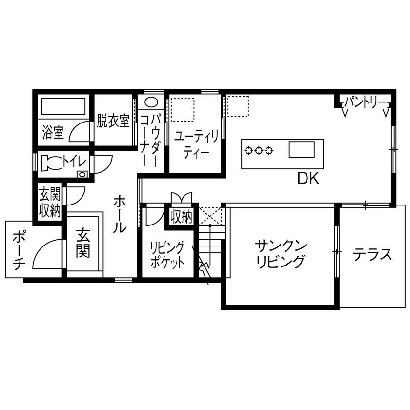石友ホーム　滋賀支社 【50坪以上の土地/2000万円台/近江八幡市】サンクンリビングにひと目惚れ。完成したお家は「全てが大正解」の間取り図（3LDK）1階