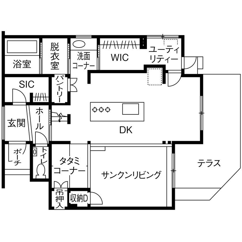 石友ホーム　滋賀支社 【3000万円台/サンクンリビング/間取図】家事ラク間取りでゆとりアップ。黒が基調のスタイリッシュな家の間取り図（3LDK）1階