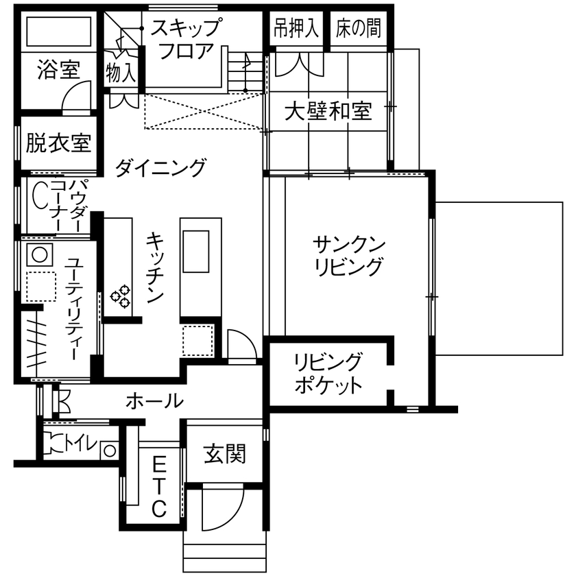 石友ホーム　滋賀支社 【50坪以上の土地/3000万円台/サンクンリビング/間取図】高性能、使いやすい動線で安心して子育てできる家の間取り図（4LDK）1階