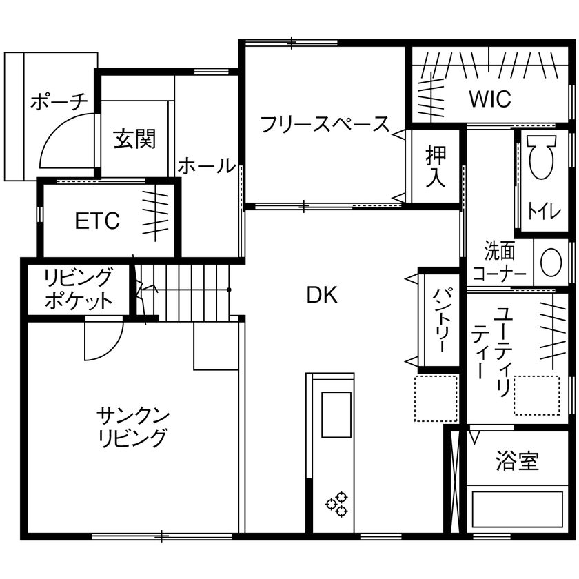石友ホーム　滋賀支社 【50坪以上の土地/3000万円台/サンクンリビング/間取図】品質の高い建材で建てた家事ラクの家の間取り図（4LDK）1階