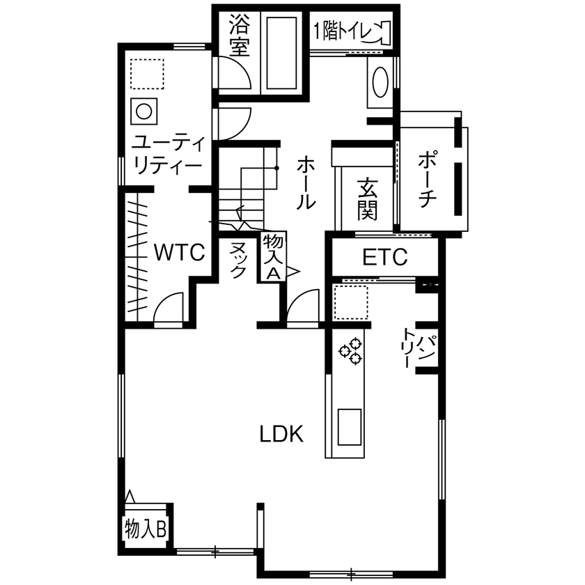 石友ホーム　滋賀支社 【50坪以上の土地/2000万円台/長浜市/間取図】三角屋根のカフェスペースとヌックに癒される家の間取り図（3LDK）1階