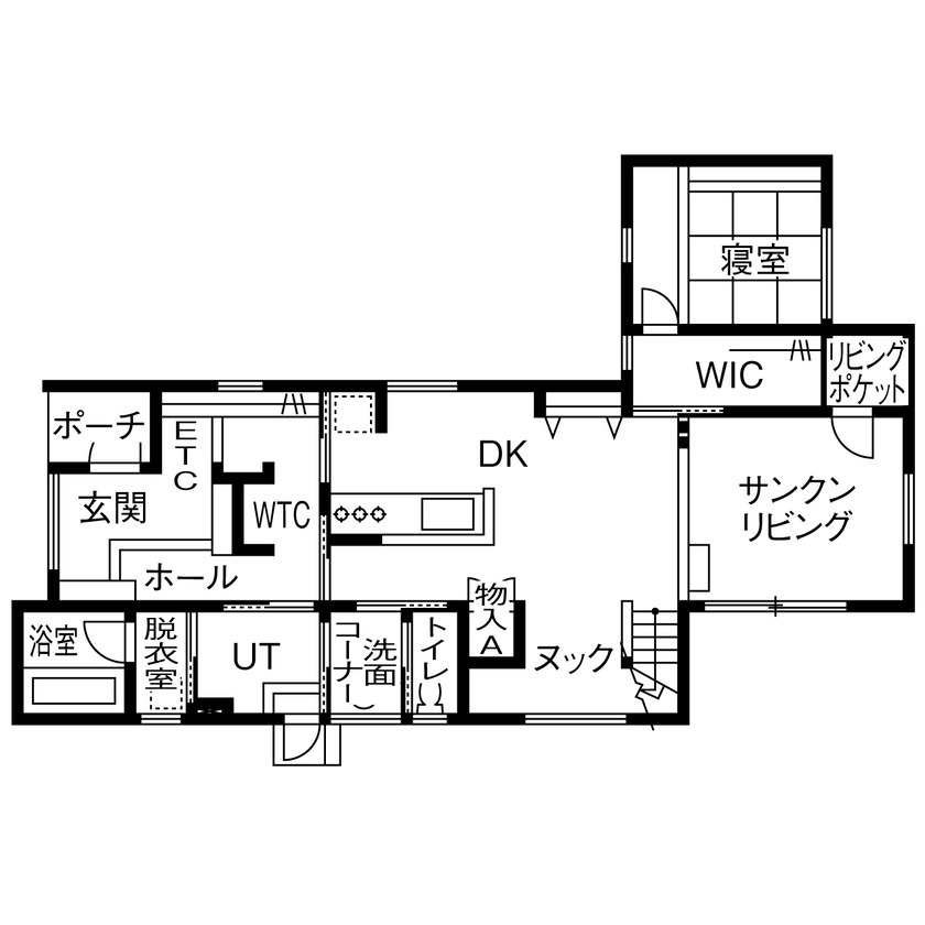 石友ホーム　滋賀支社 【2000万円台/サンクンリビング/間取図】1階に主寝室を配置。とことん考え抜いた生活動線に大満足の間取り図（3LDK）1階