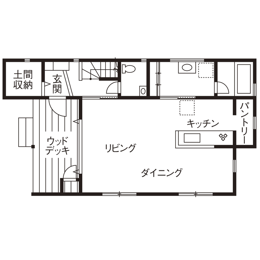 アイキョーホームのガレージハウス 【32.8坪／2300万円/間取り図有】ウッドデッキからあふれる光と風を楽しむカリフォルニアスタイルの住まいの間取り図（3LDK）1階