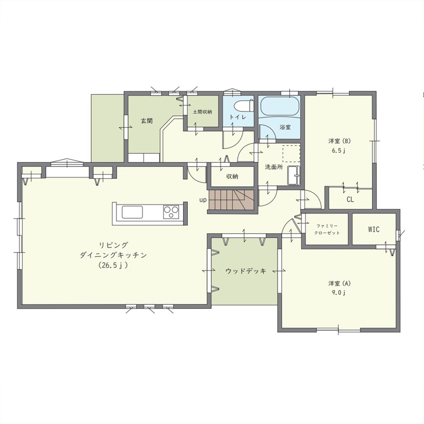 アイキョーホームのガレージハウス 【2900万円台｜平屋｜回遊動線｜北欧風｜約30坪】コの字型の間取りが光を運ぶ。勾配天井で伸びやかな平屋の間取り図（2LDK+小屋裏）1階