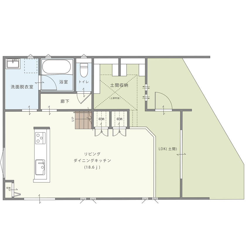 アイキョーホームのガレージハウス 【3364万円／延床34.8坪／間取図】毎日の暮らしをアクティブに。土間とフリースペースのある家の間取り図（3LDK+SIC+土間）１階