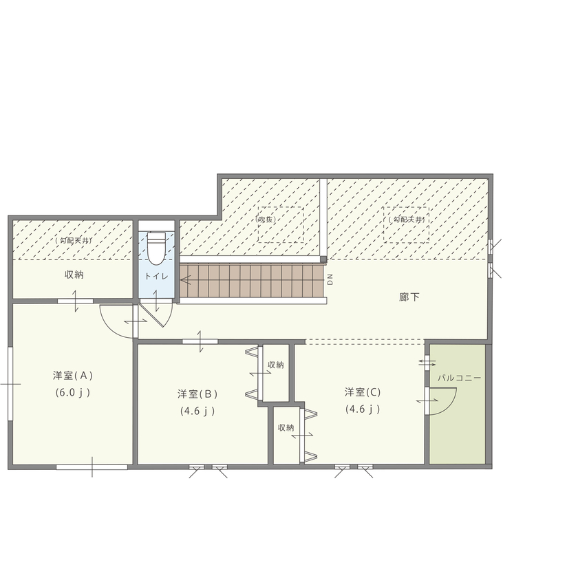 アイキョーホームのガレージハウス 【3364万円／延床34.8坪／間取図】毎日の暮らしをアクティブに。土間とフリースペースのある家の間取り図（3LDK+SIC+土間）2階