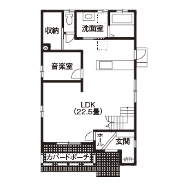 イシンホーム住宅研究会 未来のゼロエネ住宅「サンクスZEGA」。お洒落なカリフォルニア・スタイルの間取り図（4LDK）1階
