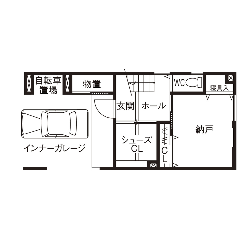 弘信建設 【札幌市/3人家族/間取図有/2LDK＋納戸2つ/約24坪の狭小地】インナーガレージの3階建ての間取り図（2LDK＋2納戸）1階