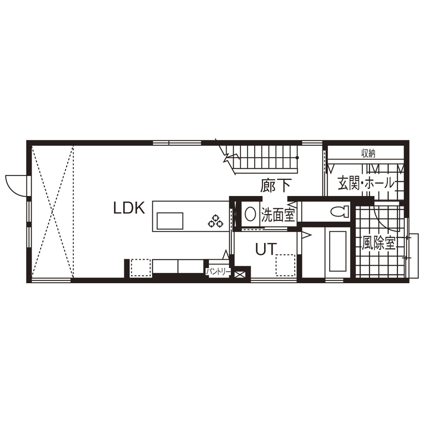 弘信建設 【札幌市/3人家族/間取図有/3LDK＋ロフト/効率の良い回遊動線】縦長の土地を活用した子育ての家の間取り図（3LDK＋2ロフト）1階