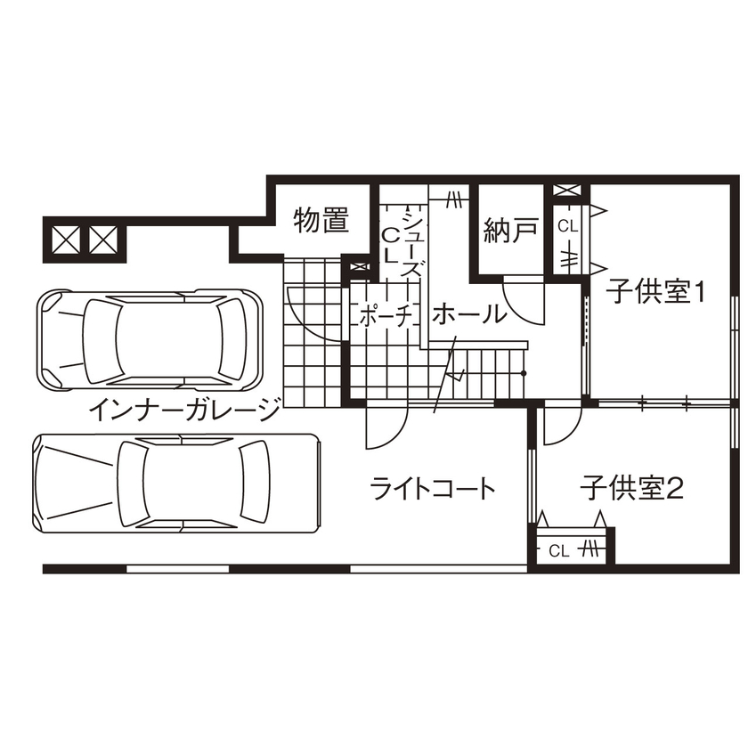 弘信建設 【札幌市/インナーガレージのある家/間取図有/3LDK＋ライトコート/スキップフロア】都心部の大人の暮らしの間取り図（3LDK＋ライトコート）1階