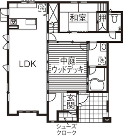 むぎくら 【1,500～1,999万円/41.2坪/間取り有】プライベートに配慮した、広く開放的な中庭を囲むデザイン住宅の間取り図（4LDK）1階