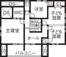むぎくら 【1,500～1,999万円/40.9坪/間取り図有】土地探しから予算内で実現した家族がつながる北欧風の家の間取り図（3LDK）2階