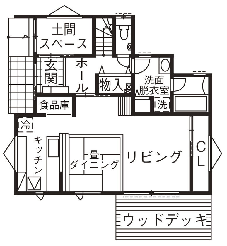 むぎくら 【1500～1999万円/37.8坪/間取り図有】スカイバルコニーやウッドデッキで趣味を満喫できる遊び心詰まった家の間取り図（3LDK）1階