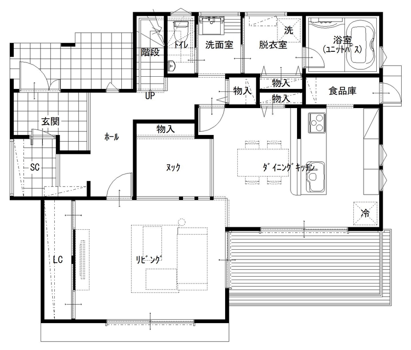 むぎくら 【2002万円/43.5坪/間取り図有】家事動線◎・収納豊富なシンプルモダンな間取り。の間取り図（3LDK＋書斎）1階
