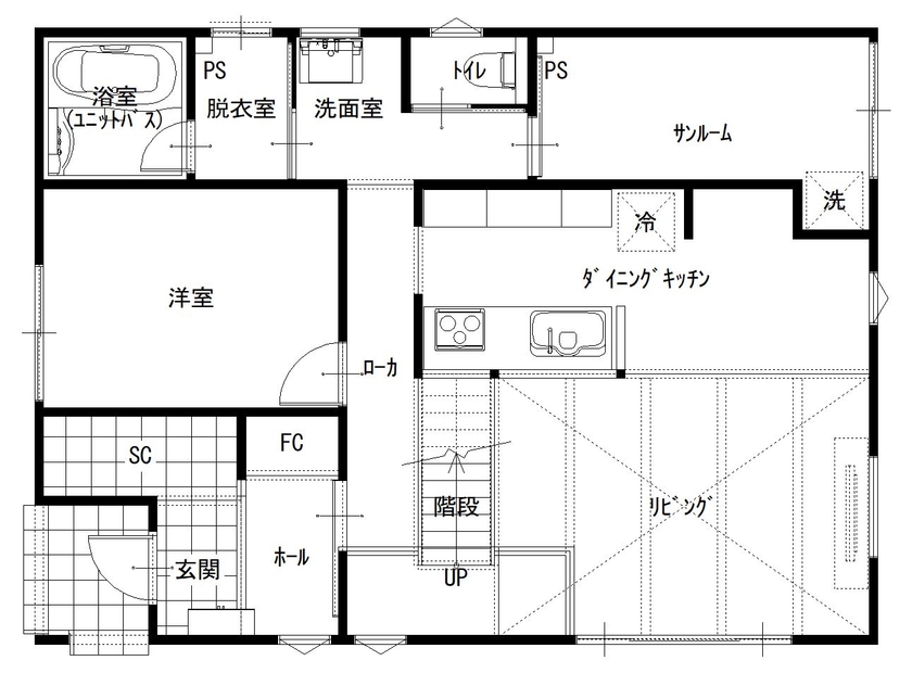 むぎくら 【1,700～1,799万円/39.3坪/間取り図有】施主様が考えた家事動線を形に。落ち着きのある内装が拘りの住まいの間取り図（5LDK＋サンルーム）1階