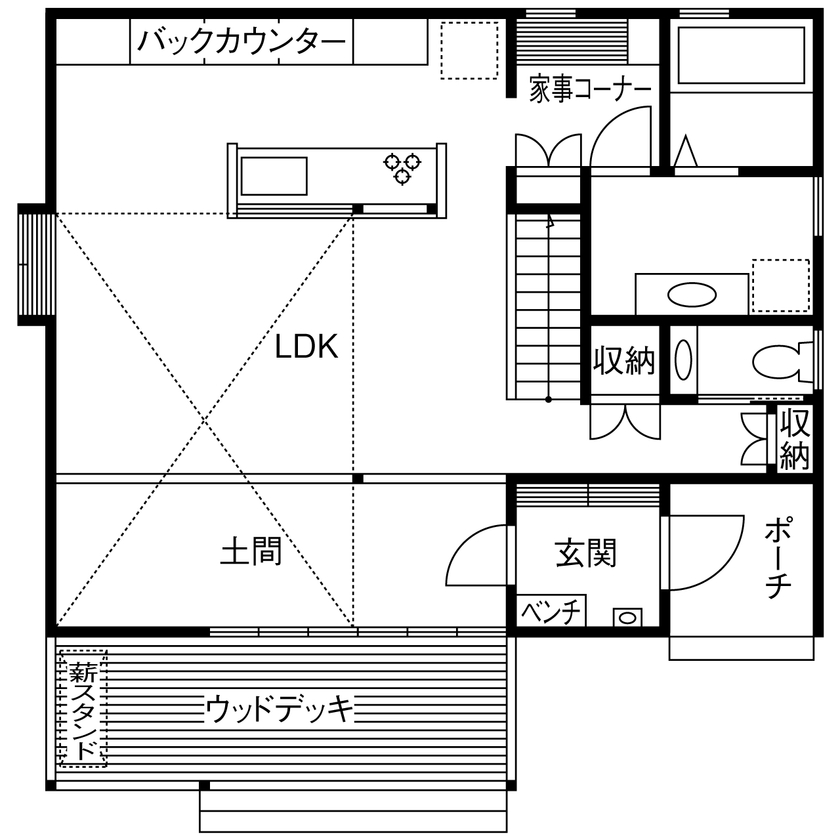 HOLOS HOME（ホロスホーム） 【愛知県|2000万円台|間取り図あり|ウッドデッキ】スローライフを実現させた、住宅地のなかの山小屋の間取り図（3LDK）1階