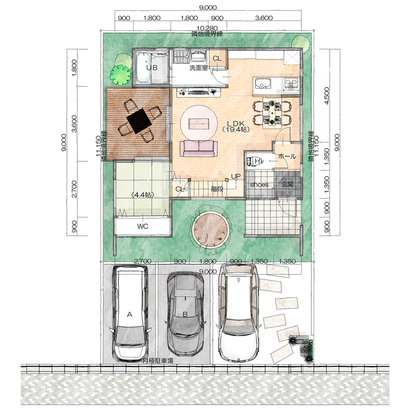 遊友建築工房 【尼崎市／2000万円台】密集地でも明るく、プライバシー保護。車２台以上駐車できる、張り出した軒のある家の間取り図（4LDK＋ウッドデッキ）1階