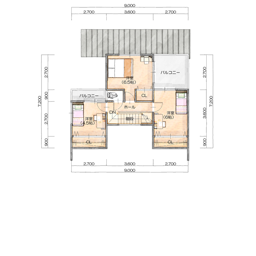 遊友建築工房 【尼崎市／2000万円台】密集地でも明るく、プライバシー保護。車２台以上駐車できる、張り出した軒のある家の間取り図（4LDK＋ウッドデッキ）2階