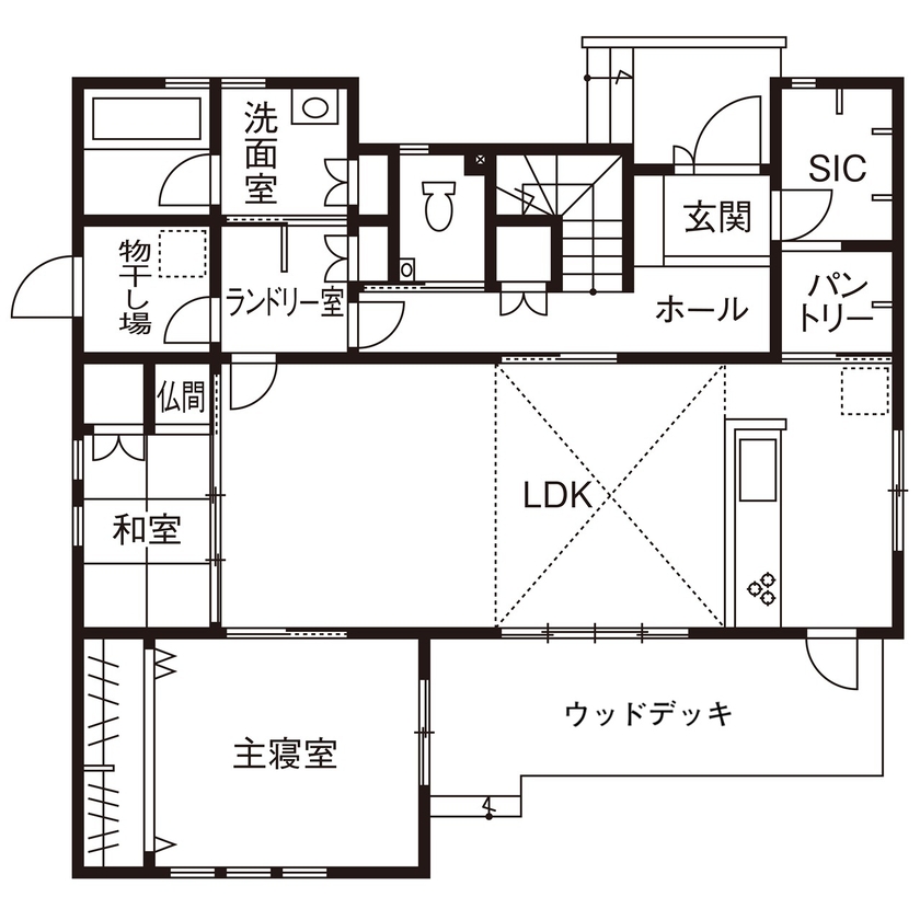 アイム・ユニバース 【沖縄県/二世帯住宅/吹抜け/間取り図有】10帖の広々バルコニーで贅沢な時間を楽しむ、開放感抜群の住まいの間取り図（4LDK）1階