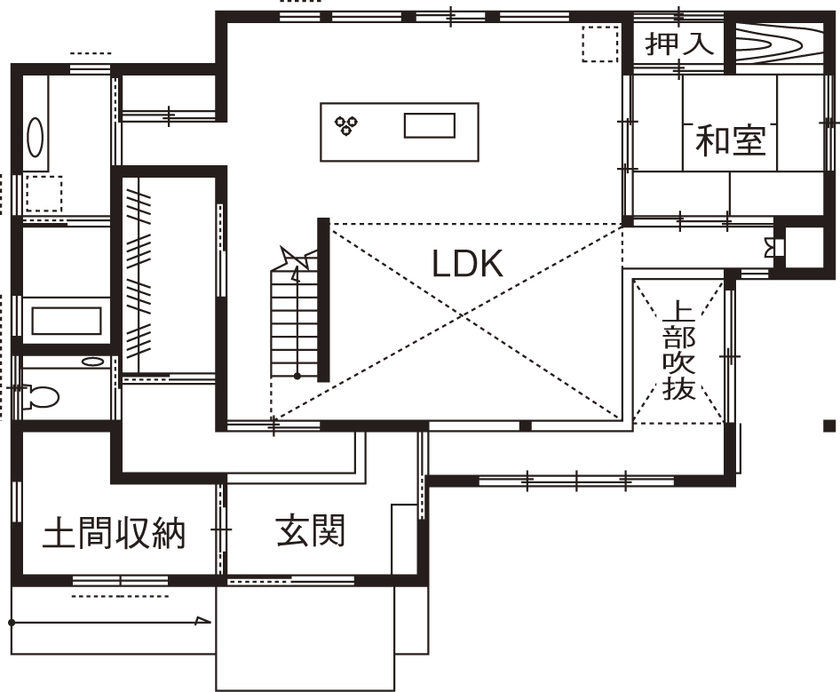 椎葉工務店 【2500万円‐3000万円】【間取り図あり】家に合わせて選んだ地松の梁　キッチンは｢酒蔵｣のイメージにの間取り図null1階