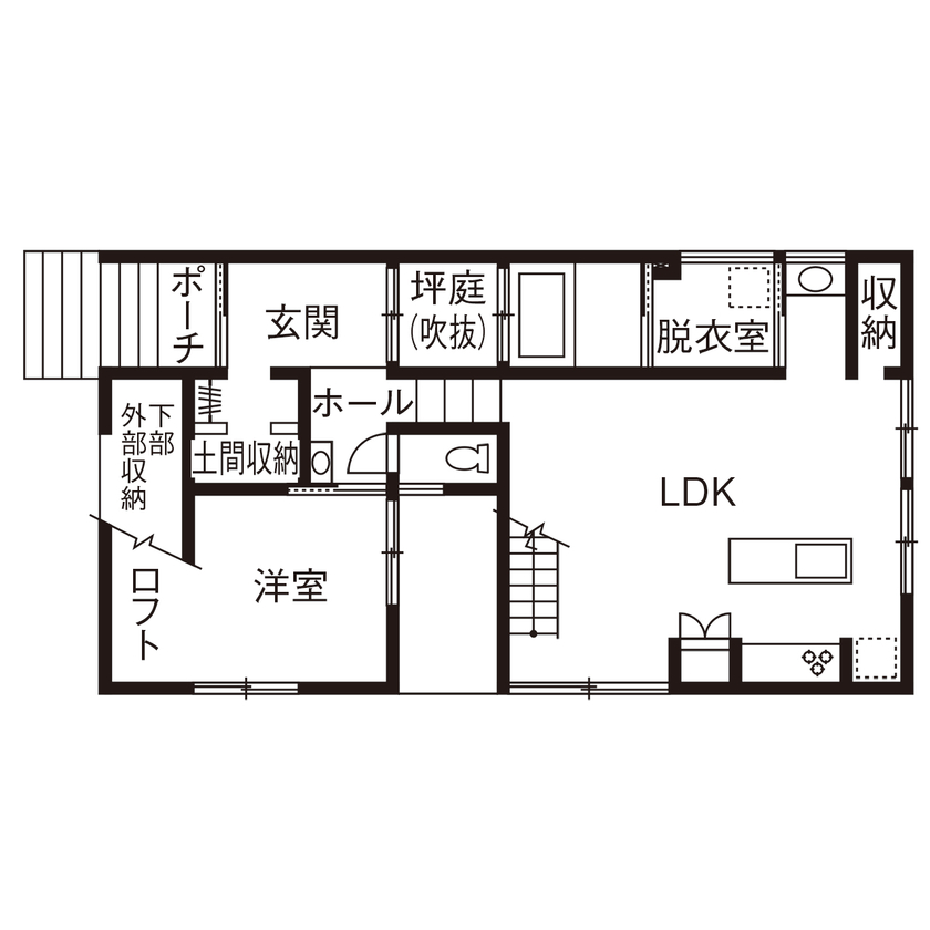 山豊工建　ここすもハウス 【全館空調×吹き抜け大空間×間取図あり】擁壁に頼らず、土地の傾斜を活かしたスキップフロアの家の間取り図（3LDK）1階
