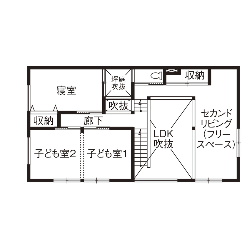 山豊工建　ここすもハウス 【全館空調×吹き抜け大空間×間取図あり】擁壁に頼らず、土地の傾斜を活かしたスキップフロアの家の間取り図（3LDK）2階