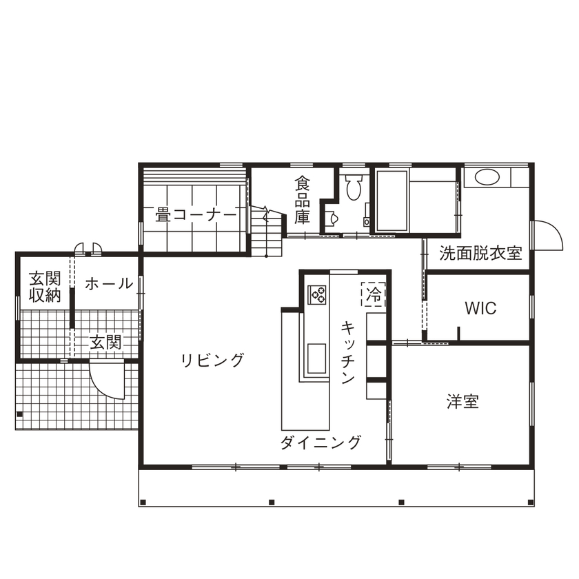 しのだ工務店 【和モダン/平屋/2000万円台】清々しくて、ほっと寛げる。漆喰と無垢材で描くシンプルで真っ白な家の間取り図（3LDK）1階